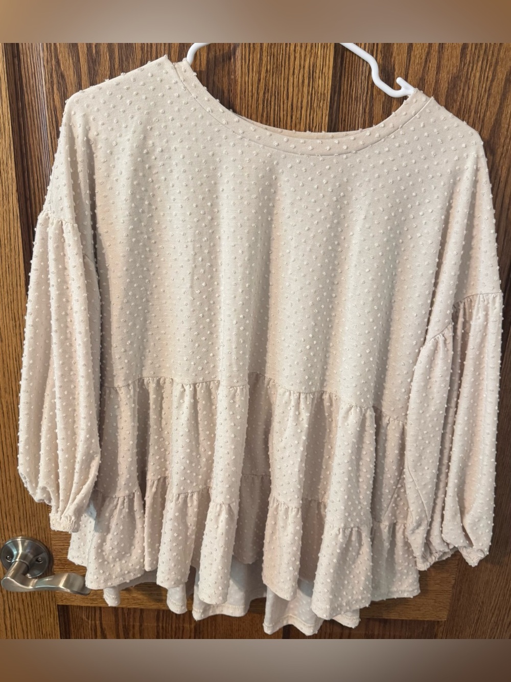 Blu Pepper Cream Textured Swiss Dot Tiered Blouse